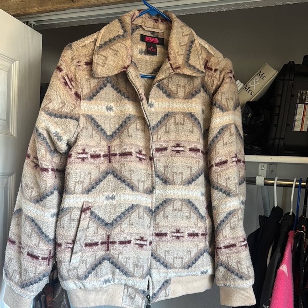 Rock & Roll Denim Teddy Jacket Cream and maroon Cozy Style
